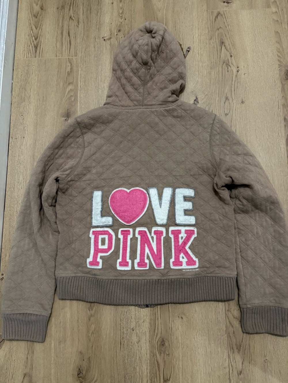 Vtg Victoria Secret Love Pink Y2K Quilted Faux Fur Trim Zip Up Jacket/Hoodie L